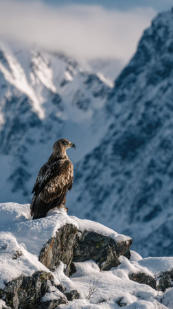 An eagle surveys its surroundings from a snow-covered rock formation. The bird features brown and white plumage, set against the backdrop of snow-capped mountains. The composition benefits from soft lighting, emphasizing textures. Suitable for illustrating nature, wildlife, or ecological themes, and for various commercial applications.の素材