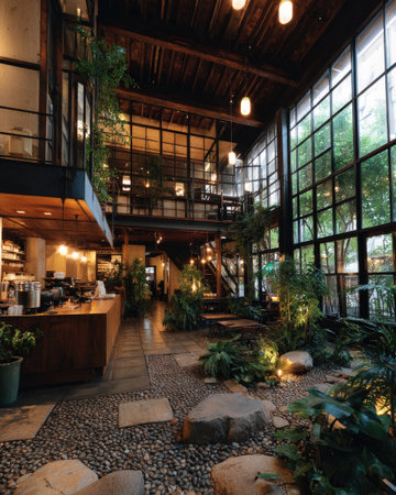 An interior space showcasing a blend of natural light and indoor greenery. The image presents a multi-level design with a mix of wood and stone textures. A well-lit area features open spaces and large windows. Suitable for commercial projects or editorial content needing architectural or design elements.の素材