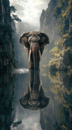 An elephant stands in calm water, its reflection mirroring the image. The scene features a natural environment with rocky cliffs and lush vegetation. The lighting suggests daytime, highlighting the textures of the elephant and landscape. This image is suitable for various commercial uses, including illustrations and educational materials.の素材