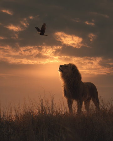 A regal lion stands tall on a grassy plain, gazing upwards as a bird flies across a dramatic sky. Warm hues of orange and gold paint the clouds during the setting sun. The image showcases a silhouette against the light, suitable for nature-themed projects, print media, or editorial use.の素材