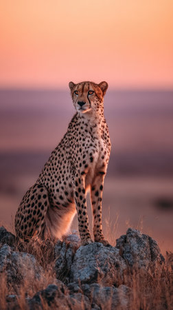 A cheetah sits atop a rocky outcrop, its spotted coat blending with the warm hues of the setting sun. The animal's posture suggests vigilance, with soft lighting and a blurred background creating a sense of depth. This image can be used for wildlife publications, educational materials, or commercial projects.の素材