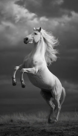 A white horse is captured mid-action, rearing up against a dramatic, cloudy sky. The monochrome image highlights the animal's powerful form and flowing mane. The composition suggests an outdoor environment with high contrast, potentially suitable for editorial content or creative projects.の素材
