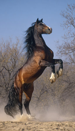 A powerful horse stands on its hind legs in a dynamic pose. The animal has a dark brown coat and a flowing mane. The image displays natural lighting and a dust cloud. This versatile image could be used for various commercial projects and editorial content.の素材