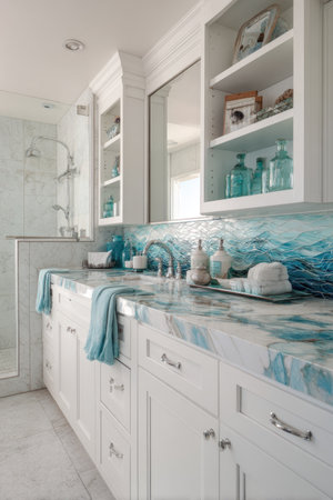 This modern bathroom showcases white cabinetry, a countertop with blue wave-like patterns, and matching backsplash. The design incorporates clean lines, bright lighting, and an overall sense of spaciousness. The scene suggests a fresh, contemporary interior, suitable for diverse uses from home decor to architectural concepts.の素材