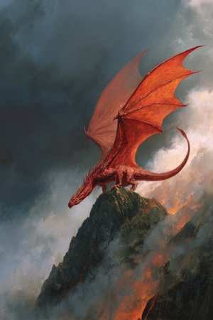A striking illustration depicts a vibrant red dragon resting on a rugged mountain peak. The dragon's wings are spread, illuminated against a dramatic, cloudy sky. The composition emphasizes the creature's form, the environment, and the dynamic interaction between the two. The image would suit various commercial and editorial applications.の素材