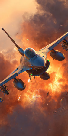 An aerial image showcases a military jet soaring through a fiery orange sky, possibly representing combat or flight. The composition features the aircraft centrally, highlighted by dramatic lighting and textures. This visual is suitable for commercial uses, including advertisements, presentations, and illustrative purposes.の素材