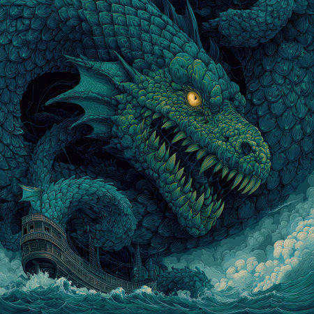 An imposing green dragon dominates the artwork, its detailed scales and piercing yellow eye the focal point. The creature rises from turbulent waters, threatening a ship caught in its path. The artistic style blends elements of fantasy with a dramatic atmosphere, suitable for various editorial and commercial applications.の素材