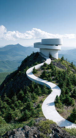 A contemporary white structure sits perched on a mountain peak, connected by a curving pathway. The image displays a clear blue sky, green trees, and the structure's distinct design. It presents a scene of architectural innovation, suitable for various editorial and commercial applications. The composition emphasizes the relationship between the built environment and the natural landscape.の素材