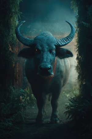 A water buffalo stands poised within a lush forest scene. The artwork features dramatic lighting, accentuating the animal's form and texture. The composition evokes a sense of depth and mystery. This image could serve various purposes, including editorial illustrations and advertising campaigns, providing visual interest.の素材