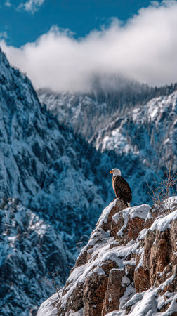 An eagle surveys its surroundings from a snowy mountain ridge. The image captures the bird's silhouette against a background of mountains, sky, and clouds. The landscape features snow-covered peaks under cloudy skies. This image is suitable for nature, wildlife, or outdoor-themed projects and stock photography.の素材