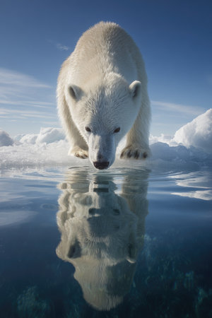 A large polar bear is centered, gazing down with a reflection in the water below. The image features a white bear against a bright sky, with clouds adding depth. The scene has a naturalistic quality, suggesting an arctic environment, suitable for environmental or wildlife-related projects.の素材