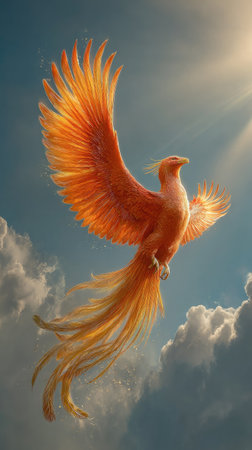 A vibrant illustration depicts a phoenix in flight against a backdrop of clouds and sunlight. The bird showcases fiery orange and gold plumage with outstretched wings. The composition emphasizes a dynamic upward movement, suggesting freedom and aspiration. Suitable for editorial use, this image could enhance various creative projects.の素材
