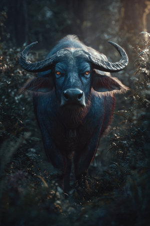 A striking portrait features a water buffalo, its dark form contrasted by warm light. The animal is positioned amidst dense foliage, creating a sense of depth. The image displays a balanced composition with a focus on texture and natural colors, suitable for diverse creative applications.の素材