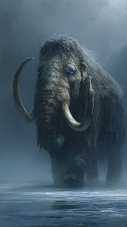 An illustration presents a mammoth amidst a foggy environment, featuring detailed fur and large tusks. The artwork employs cool tones and soft lighting to create depth and atmosphere. This image could be suitable for educational materials or thematic designs focusing on ancient animals and natural history.の素材