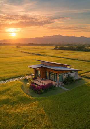 A contemporary house features a large glass wall in a natural setting. The image displays warm tones from the setting sun, which illuminates the scene. The landscape includes a large field, with mountains in the distance. This image is suitable for various commercial uses, including real estate promotions and architectural design.の素材