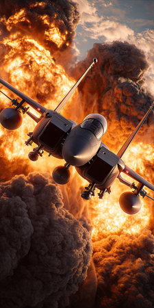 An aerial view presents a military jet aircraft positioned against a backdrop of explosions and fiery clouds. The aircraft is rendered in shades of gray, while the background exhibits vibrant orange and brown hues. The image suggests dynamic movement and could be utilized in commercial or editorial projects, depicting themes of conflict.の素材