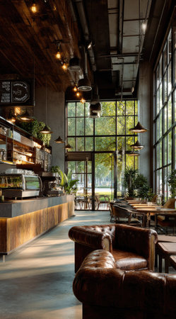 This image showcases a modern cafe interior featuring an inviting ambiance. The scene presents a well-lit space with large windows and leather armchairs. Warm colors and wooden elements create a cozy atmosphere. Suitable for illustrating various commercial or editorial concepts related to hospitality and leisure.の素材