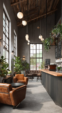 An inviting cafe interior showcases natural light streaming through large windows.  Leather armchairs and wooden tables sit amidst lush greenery. The scene features a long wooden counter and pendant lights. This image is suitable for advertising, website design, and other commercial projects.の素材