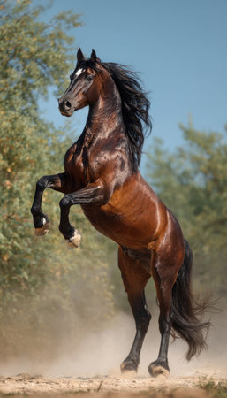 A powerful brown horse rears up, showcasing its strength and grace. The horse's dark mane and tail contrast against its lighter coat, illuminated by natural sunlight. The composition focuses on the animal's form and movement, with a shallow depth of field. Suitable for various editorial and commercial applications.の素材