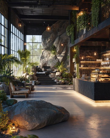 This interior photograph showcases a modern cafe space featuring natural elements. A large stone structure dominates the background, with lush greenery integrated throughout. The composition includes architectural details, warm lighting, and seating areas. Suitable for commercial projects or editorial content related to design and lifestyle.の素材