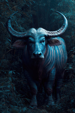 A striking water buffalo stands prominently, its form defined by strong lines and cool tones. The artwork displays a combination of textures, illuminated by an unseen light source. The animal is set against a forest background, suggesting a natural environment. Suitable for editorial illustrations, digital projects, or creative designs.の素材