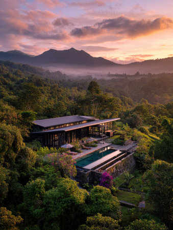 An aerial view presents a contemporary house surrounded by dense greenery. The architecture features a dark, low-profile design with a swimming pool. The scene is bathed in the warm hues of a sunset, casting long shadows. The composition includes mountains in the distance, enhancing the scenic setting. Suitable for architectural, travel, or lifestyle visuals.の素材