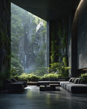 This image showcases a modern interior space with a large opening revealing a vibrant forest and waterfall. The composition highlights geometric lines, soft lighting and deep shadows. It may be used for architectural designs, interior decoration projects, or illustrating concepts of nature and design, enhancing both visual appeal and aesthetic value.の素材