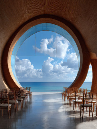 An interior space features a massive circular window offering a view of a serene ocean and sky. Wooden chairs are arranged in rows on a reflective floor. The architecture showcases curved elements and natural light, potentially suitable for design, travel, or lifestyle content.の素材