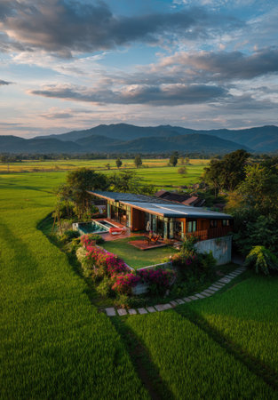 An aerial view shows a modern wooden house surrounded by a vibrant green field and mountains. The scene is bathed in natural sunlight. This image could be used for architecture, real estate, or lifestyle content. Its composition offers copy space for various commercial projects.の素材