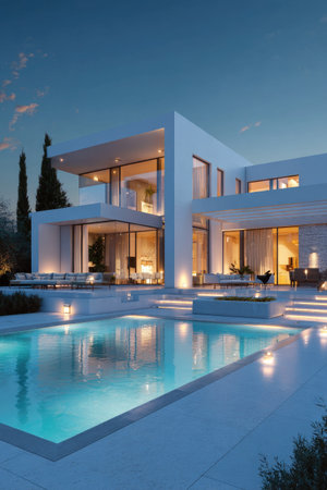This image showcases a modern home with a swimming pool under the evening sky. The building features clean lines and large windows, reflecting interior lighting. The water in the pool mirrors the structure and the surrounding environment. This image could be suitable for architecture, real estate, or lifestyle content.の素材