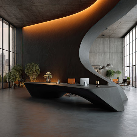 This image showcases a contemporary reception area featuring a sleek, curved desk design. The space incorporates large windows, allowing natural light to illuminate the scene. The color palette includes gray tones with warm accent lighting. This environment suggests a professional office, ideal for commercial uses.の素材