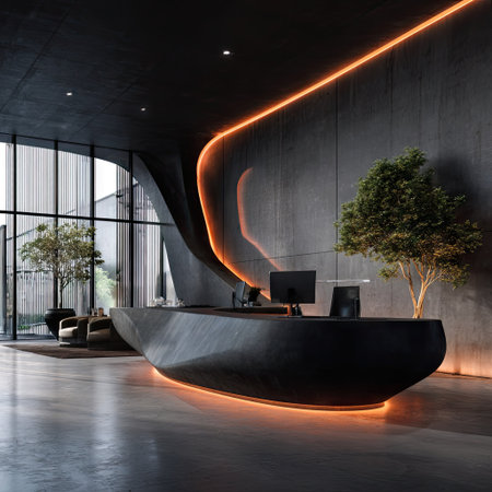 This image showcases a modern interior design featuring a reception desk and decorative lighting. The scene highlights a dark color scheme with textures of concrete and stone. It is enhanced by vibrant orange lighting, giving a futuristic feel. This image is suitable for various commercial uses, including architectural, design, and business-related projects.の素材