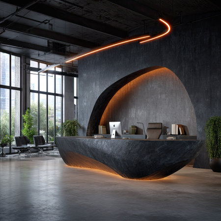 A contemporary reception area features a uniquely designed desk with soft, warm lighting. The interior boasts a modern aesthetic with concrete walls and large windows. The image showcases architectural design, ideal for commercial or editorial applications, highlighting spaciousness and aesthetic appeal.の素材