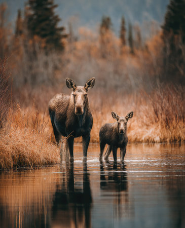 Two moose stand in a body of water with fall foliage in the background. The animals are the focal point, captured in a serene, nature-focused composition. The image shows warm colors, with water reflections enhancing the scene. Suitable for illustrating wildlife, conservation, or general environmental themes.の素材