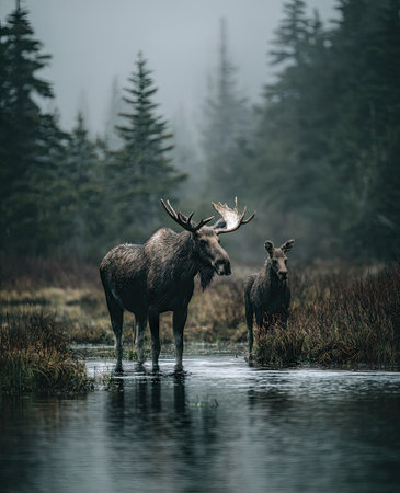 Two moose stand in a body of water, surrounded by a dense forest. The image exhibits a cool color palette with muted greens and grays, and a soft, diffused light suggesting an overcast day. This scene could be used for various nature-related editorial or commercial projects.の素材