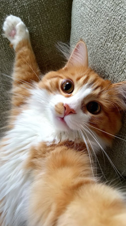 An orange and white domestic cat is pictured with its paw raised. The animal is lying down indoors against a textured, light-colored surface. The composition is close up, featuring soft lighting and a focus on the cat's fur and facial features. This image could be used for various commercial or editorial purposes.の素材
