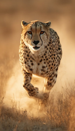 A cheetah is captured mid-stride, showcasing its distinctive spotted coat and focused gaze. The image highlights warm tones with sunlight creating a dusty atmosphere. The composition emphasizes speed and agility, suggesting potential use in wildlife documentaries or educational publications, or advertising campaigns.の素材