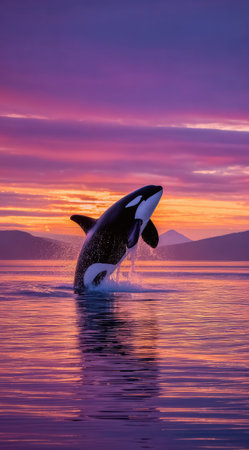 An orca whale leaps out of the water, its black and white body contrasting with a vibrant sunset. The composition features soft lighting across the ocean and sky, creating reflections. This imagery could be used for various projects, including editorial features and promotional materials.の素材
