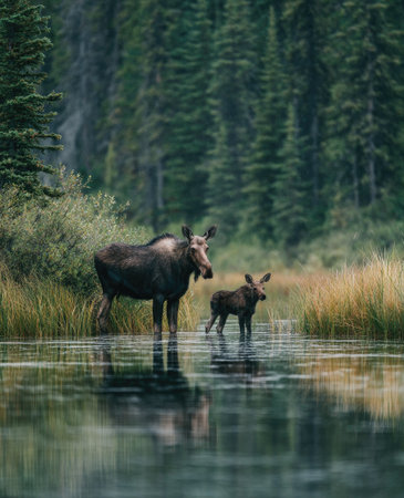 Two moose stand in shallow water, reflecting the overcast sky and surrounding forest. The scene features a mother and calf with a backdrop of tall evergreen trees, creating a natural environment. The image is suitable for environmental, wildlife, or educational publications, or various commercial applications.の素材