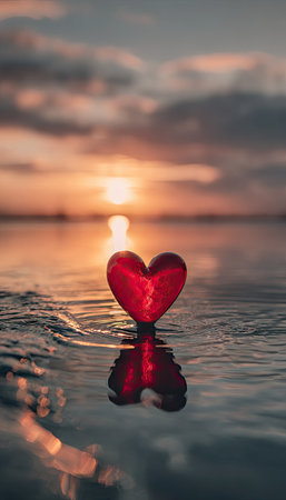 A vibrant red heart shape sits on tranquil water, reflecting a sunset sky. The composition displays soft colors, smooth textures, and a natural lighting ambiance. This image can be applied for various design projects, marketing materials, and editorial content relating to love and emotions.の素材