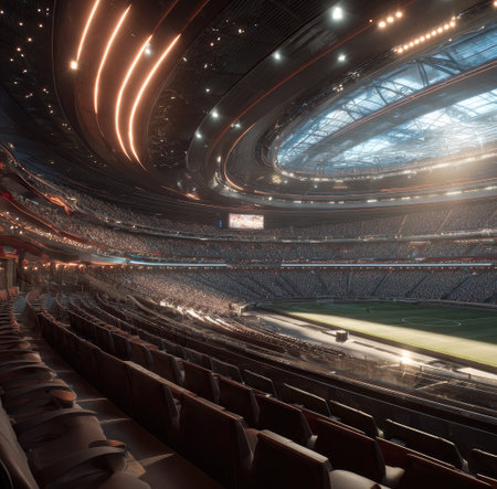 An interior shot showcases a large, modern stadium. Rows of seating face a central field, with a partially open roof. Warm lighting emanates from the ceiling, creating contrast with the darker areas. The image may be suitable for promotional materials, architectural design references, or editorial content.の素材