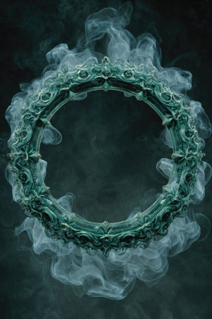 An ornate crown is the central focus, enveloped by swirling smoke creating a visual atmosphere. The image presents a cool color palette with shades of teal and gray. The composition has an ethereal and dramatic feel suitable for various conceptual projects. The design could be used in editorial contexts.の素材