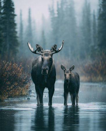 Two moose stand in a lake against a backdrop of trees in this nature scene. The animals are dark-colored, and the water reflects the sky, with muted tones and a slight mist. This image could be suitable for environmental or wildlife publications or to illustrate concepts of family and wilderness.の素材