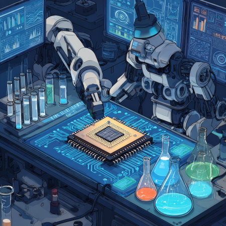 Two robotic arms examine a central processing unit on a circuit board within a laboratory environment. The image showcases a futuristic design with vibrant blue and green tones, illuminated by overhead lighting. The composition suggests a focus on technological innovation and could be suited for commercial applications related to science.の素材