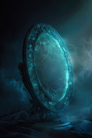 An enigmatic, glowing portal is depicted in the image, surrounded by an ornate frame. The visual composition features cool, blue tones, contrasting with a dark background, and stylized lighting. It suggests a sense of mystery and fantasy, suitable for various uses, including editorial and design projects.の素材