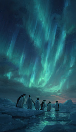 A group of penguins stand on ice, gazing at the breathtaking aurora borealis. The sky is filled with streaks of green and blue light, contrasted against the dark backdrop. The composition features a low-angle perspective. Ideal for illustrating natural wonders and environmental themes, this image can be used for various media purposes.の素材