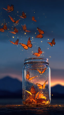 Numerous orange butterflies appear to escape a glass jar, set against a gradient sky. The scene shows soft lighting and a focus on detail, with implied motion. The image evokes a sense of freedom and natural beauty. Suitable for illustrative or conceptual content.の素材