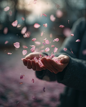 A person holds their hands open to catch falling pink flower petals. The image shows a shallow depth of field, with soft focus on the petals and blurred background. Gentle lighting and muted colors create a dreamy, romantic feel. This image could be used for various commercial or editorial projects related to beauty or nature.の素材