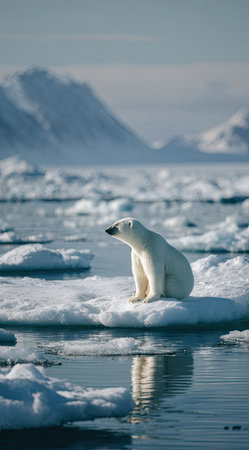 A polar bear rests atop a floating ice sheet in an arctic environment. The bear's white fur contrasts with the blue hues of the water and ice. The image employs natural lighting and offers a wide-angle perspective. Suitable for editorial and commercial applications.の素材