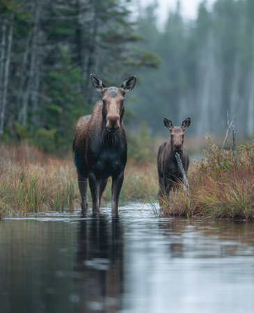 Two moose stand in shallow water, a large one in the foreground and a smaller one behind. The animals have dark brown fur and are reflected in the calm water. The composition is vertical, with a blurred forest in the background. This image could be used for various nature, wildlife, or environmental projects.の素材